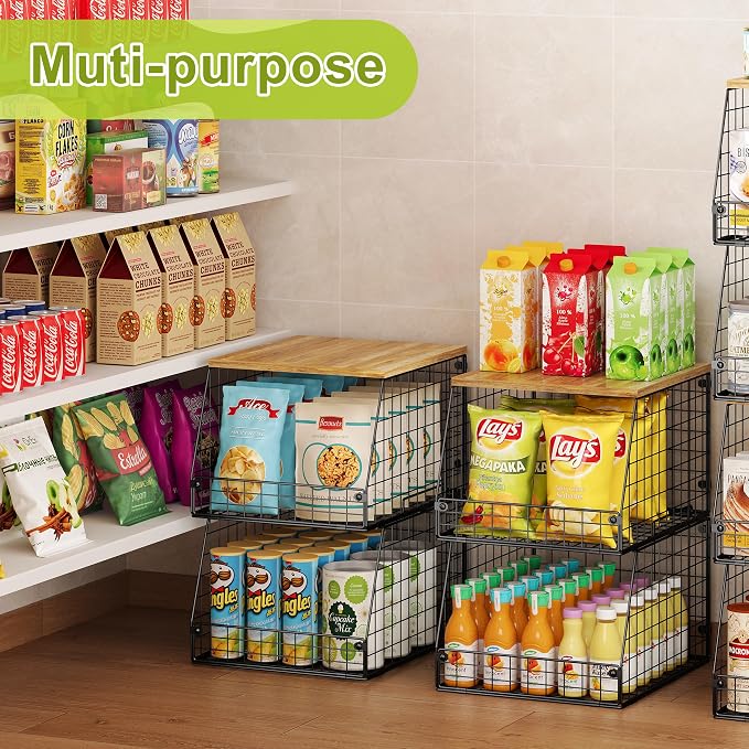 Jakyitvi 4 Pack Stackable Wire Baskets with Fixed Wooden Top, Vegetable Fruit Storage Bins for Onion Potato Snack, Pantry Baskets for Kitchen Cabinet Countertop, Pantry Organizers and Storage Rack - Image 3