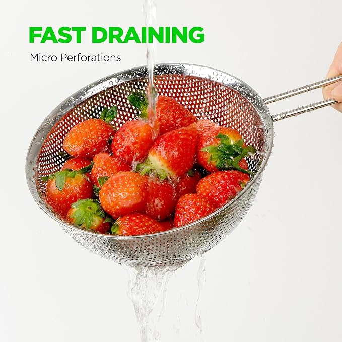 Premium 18/8 304 Stainless Steel Set of 3 – Micro-Perforated Strainer with Long Handle, Self-Draining Base for Pasta Rice Vegetables, 18/8 304 Heavy Duty (1.5, 2.5, 4 Qt) Made in Korea - Image 6