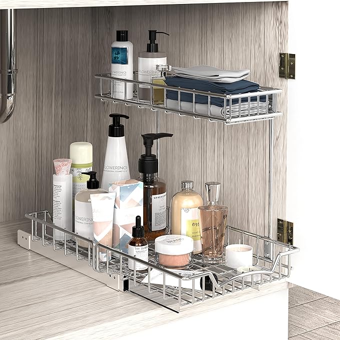 Simple Houseware 2-Tier (L+M) Pull Out Under Cabinet Sliding Shelf, Chrome | for Kitchen Organizer - Image 5