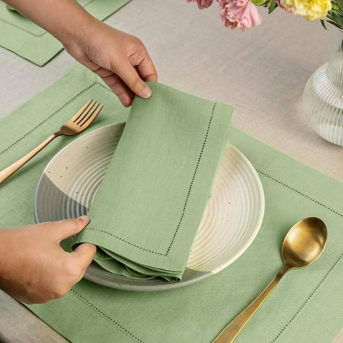 Signature Linen™ by D'Moksha Sage Green Dinner Napkins Set of 8, 20 x 20 Inch Cloth Napkins, 100% Pure Linen, Hemstitch, Machine Washable Table Napkins- Summer, Weddings, Outdoor hostings - Image 2