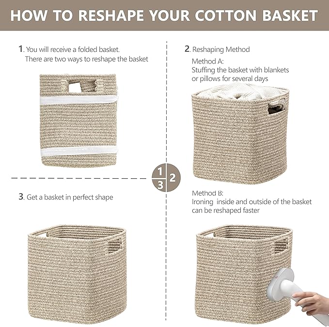 UBBCARE Set of 4 Storage Basket-13 X 13 X 13 in, Cotton Rope Baskets for Shelves, Toys, Book, Cube Storage Bins with Handles, Woven Storage Basket for Organizing, Mix-Brown - Image 7