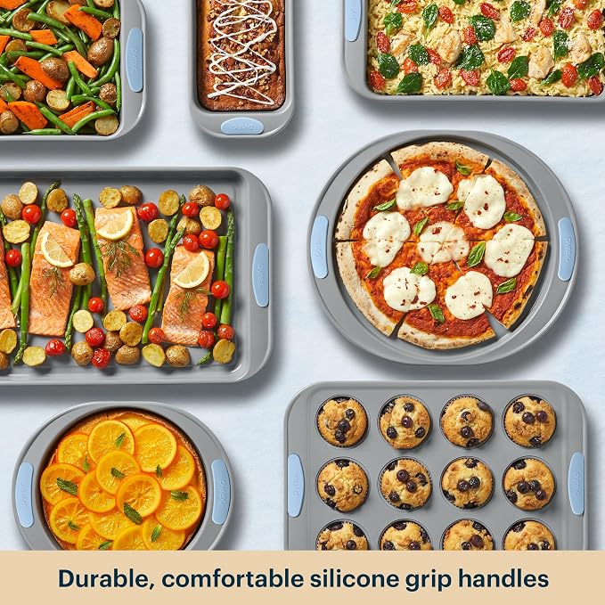 Pyrex 8-Piece Metal Bakeware Set with Heatsafe Silicone Handles, Cerulean | Lightweight stainless steel baking trays with heatsafe silicone handles, made without PFAS, mercury, lead, cadmium & BPA - Image 6