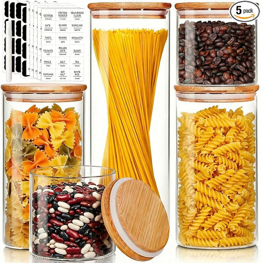 HomArtist Glass Jars with Bamboo Lids [Muti Size Set of 5], Glass Canisters with Airtight Lids, Glass Food Storage Containers for Pasta, Oats, Coffee, Flour, Sugar, Rice, Best for Kitchen & Pantry by HomArtist