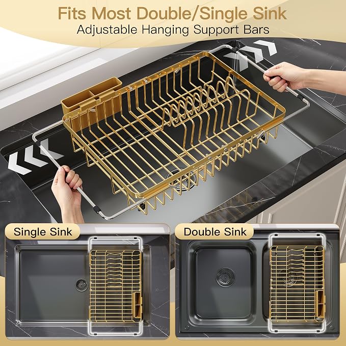 JASIWAY Gold Dish Drying Rack Over the Sink with Utensil Holder | Expandable Stainless Steel Dish Driainers for Small Kitchen, Counter Space Saving, Fast Drain, Rust Resistant, For Apartment - Image 3