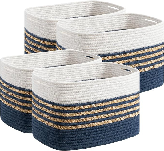 UBBCARE 4 Pack Baskets for Organizing, Woven Storage Baskets for Toys and Towel, Rectangle Cotton Rope Basket with Handles, 14''L x 8''W x9''H, Navy Blue by UBBCARE