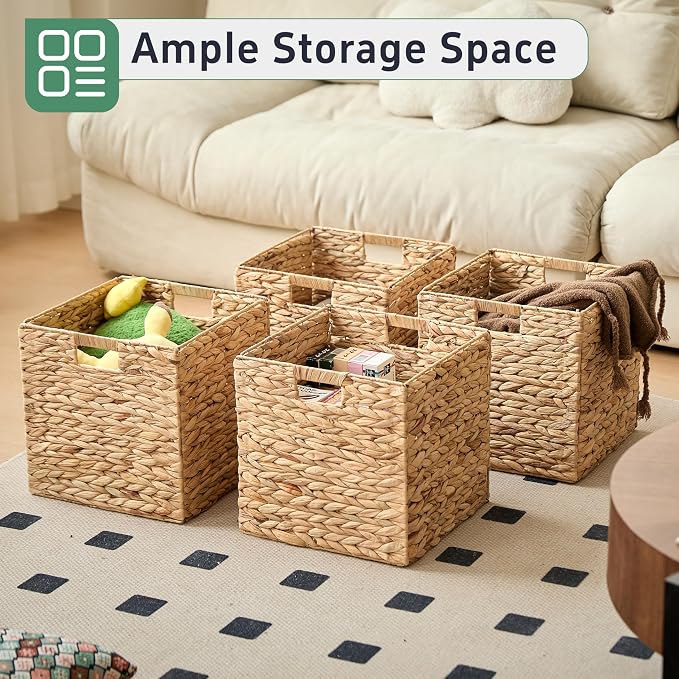 13x13x13 Wicker Storage Basket Set of 4, Water Hyacinth Woven Basket with Handles, Wicker Cube Storage Bins for Shelves, Foldable Square Storage Cubes for Living Room Bedroom Organizing, Natural - Image 5