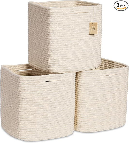NaturalCozy Storage Cubes 11 Inch Cotton Rope Woven Baskets for Organizing, 3-Pack | Cube Storage Bin | Square Storage Baskets for Shelves Organizer, Classroom, Kids Toy Bins, Closet, Baby Nursery by NaturalCozy
