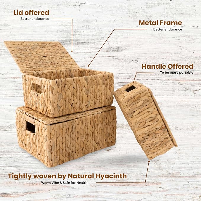 Wicker Storage Baskets with Lid, Set 3 Basket With Lid Decorative Storage Rectangle Wicker Storage Basket Large Rattan Storage Box Hyacinth Baskets - Image 5