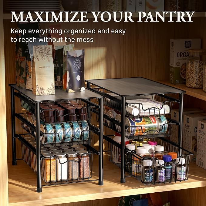 Simple Houseware Stackable 3 Tier Sliding Basket Organizer Drawer, Black - Image 7
