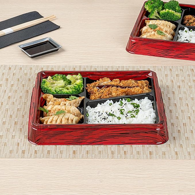 Restaurantware-Bento Tek 18.6 Ounce Meal Prep Containers, 50 Disposable To Go Food Boxes - Lids Sold Separately, 4 Compartments, Red And Black Plastic Bento Lunch Boxes, Freezable, For Take Out - Image 4