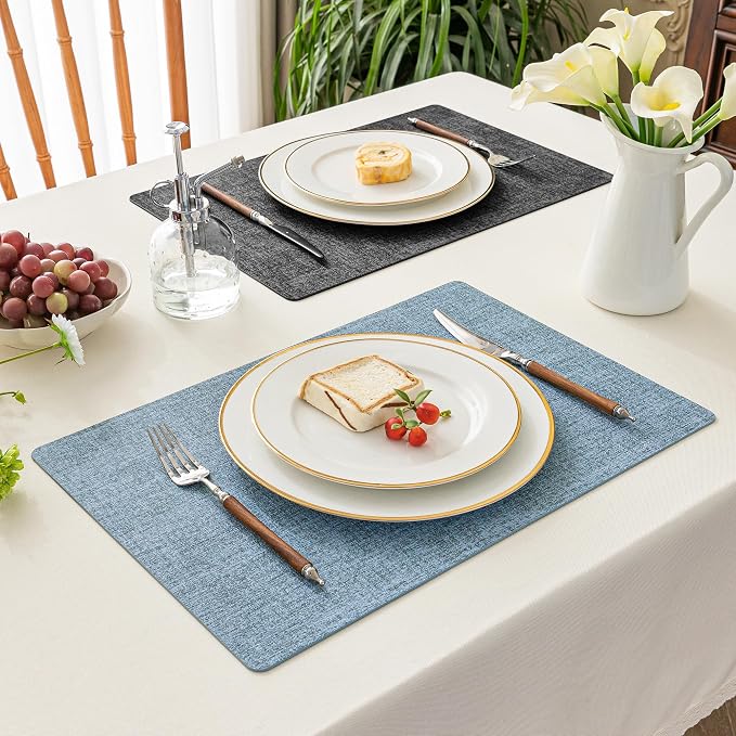 Romanstile Vinyl Placemats Set of 4, Reversible Faux Leather Heat Resistant Wipeable Table Mats, Waterproof Washable Non-Slip Table Placemats for Dining/Kitchen/Outdoor (Grey Sky Blue, 12" x 17") - Image 9
