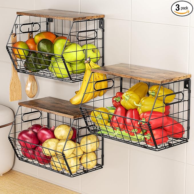 Delamu Stackable Metal Fruit Basket with Wood Lid 3 Pack, Hanging Wall Organizer for Kitchen Counter, Pantry Storage for Onions, Potatoes, Garli, Fruits, Spices, Black by DELAMU