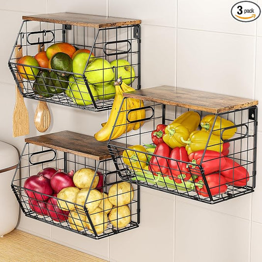 Delamu Stackable Metal Fruit Basket with Wood Lid 3 Pack, Hanging Wall Organizer for Kitchen Counter, Pantry Storage for Onions, Potatoes, Garli, Fruits, Spices, Black by DELAMU