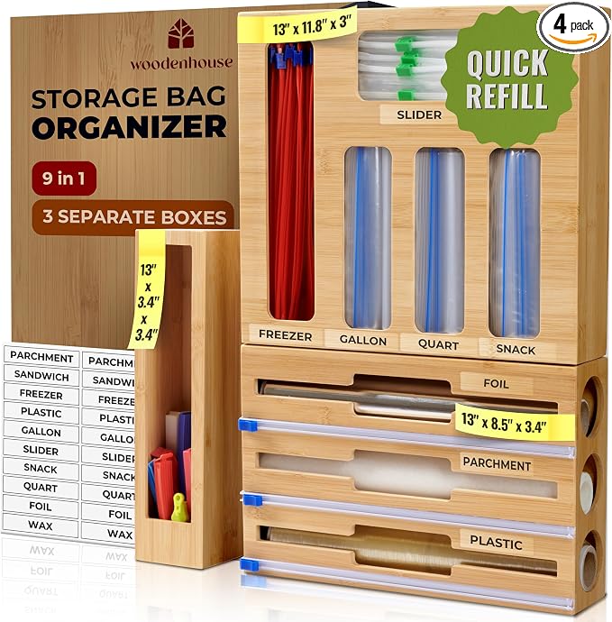 Kitchen Drawer Organizer, 9" 1 Sandwich Storage Bag Organizer & Foil Wrap | Bamboo Storage, Fits Gallon, Quart & Snack Sizes – Wall Mountable, Please Measure Before Ordering by Woodenhouse