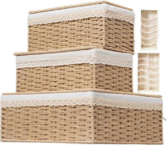 Nonam Large Basket with Lid set of 3, Rattan Divided Baskets Organizer for Shelf, Natural Wicker Storage Basket Bins for Closet, Boho Shelf Decor Covered Basket Home Storage Container by Unknown