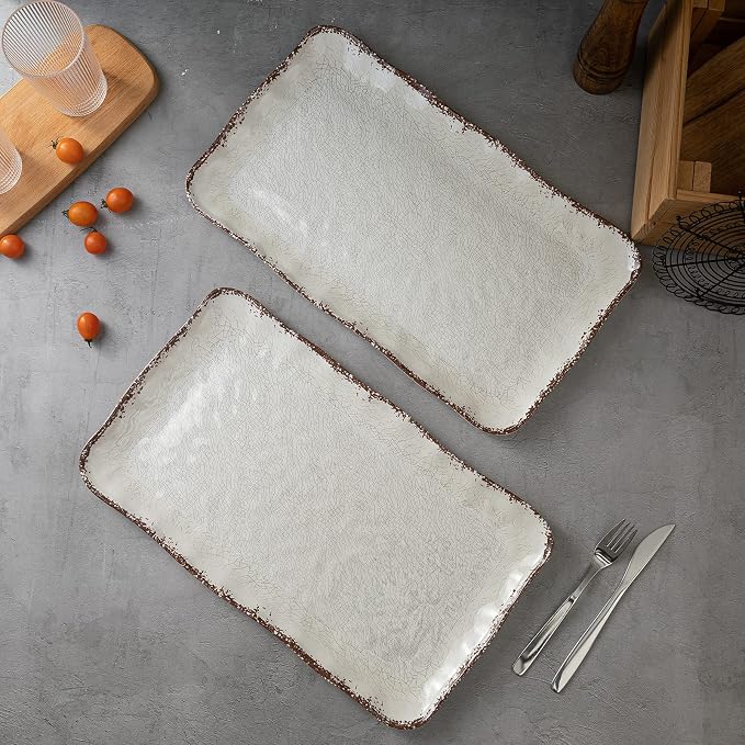 LEHAHA Farmhouse Large Serving Platters, 2 Piece Melamine Dinnerware Set, 17.5 x 10 Inches Vintage Serving Tray, Rectangle White Rustic Trays Set of 2 - Image 2