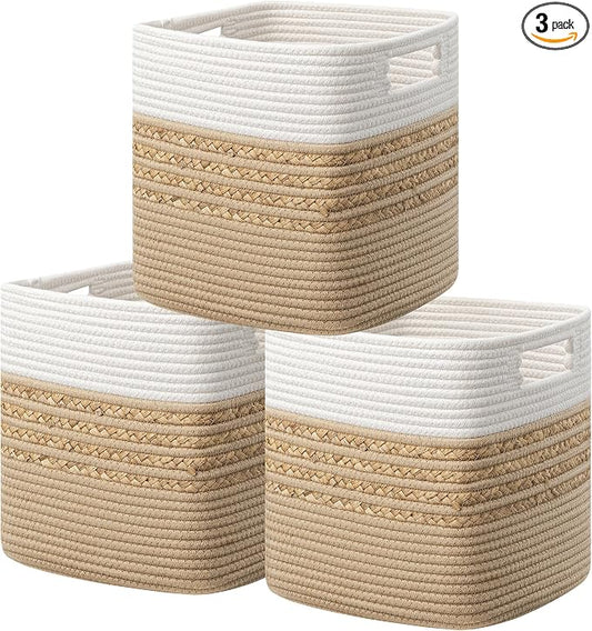 UBBCARE Set of 3 Storage Cubes 11 X 10.5 X 10.5 in, Water Hyacinth Storage Bins for shelves, Toys, Book, Storage Baskets with Handles, Cotton Rope Woven Baskets for Organizing, Brown by UBBCARE