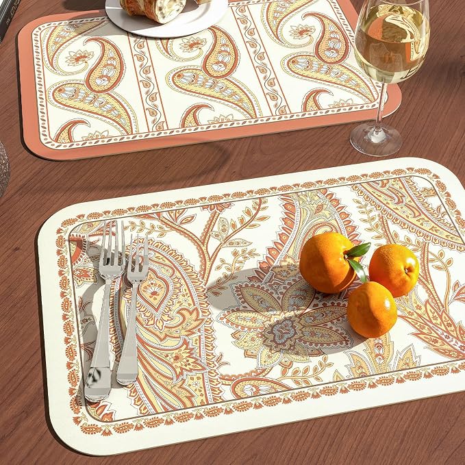 Designer Paisley PVC Placemats Set of 6,Classic Pattern Yelllow Rectangular Placemat, Waterproof and Heat-Resistant Paisley Style, Decoration for Kitchen, Party,Dinning,New Year,12"*17" - Image 4