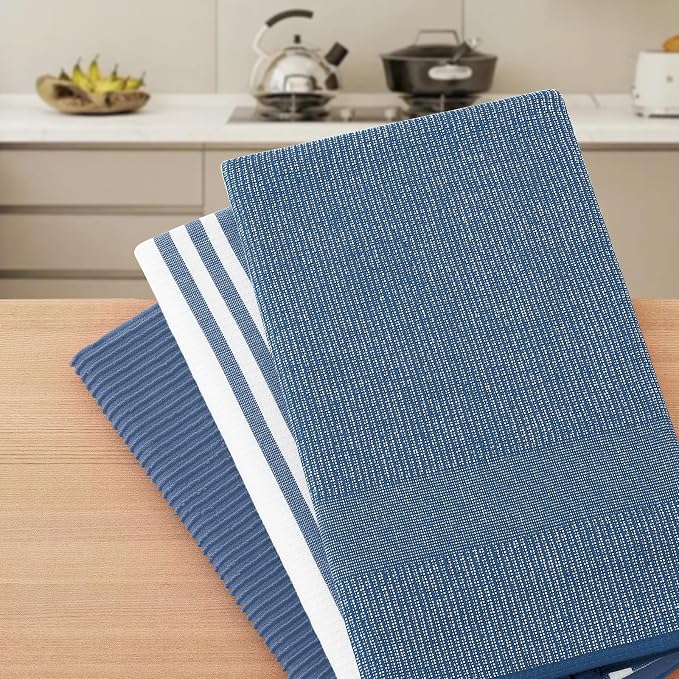 Homaxy Cotton 380 GSM Premium Kitchen Towels, 18"x 28", 9 Pack, Navy Blue | Soft and Absorbent Terry Dish Towels, Multipurpose Tea Towel Set with Hanging Loop, 3 Styles Kitchen Hand Towels - Image 7