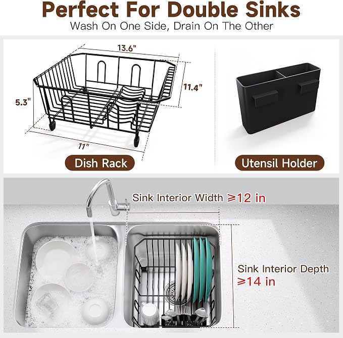 JASIWAY in Sink Dish Drying Rack, Stainless Steel Small Black Dish Drainer | Perfect Fit 12"x14" Double Bowl Sink, Counter Space Saving for Kitchen, Apartment, Sturdy Dish Dryer with Utensil Holder - Image 2