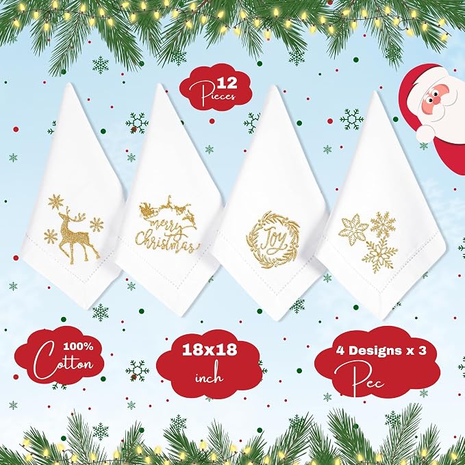 Bedding Craft Cotton Cloth Dinner Napkins Set of 12 – 18x18 White with Gold Embroidery – Reusable Machine Washable Fabric Napkins for Weddings, Parties & Everyday Dining - Image 3