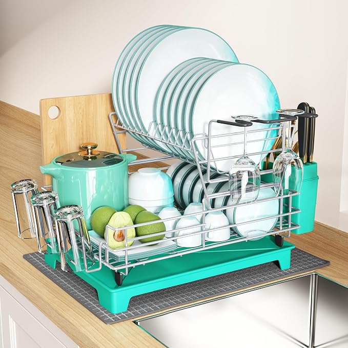 2 Tier Turquoise Large Stainless Steel Dish Drainers Drying Rack for Kitchen Counter with Drainboard, Rust Proof Metal, Space Saving, Modern Aesthetic, Compact Plates Strainers with Extra Mat by Boosiny