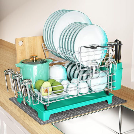 2 Tier Turquoise Large Stainless Steel Dish Drainers Drying Rack for Kitchen Counter with Drainboard, Rust Proof Metal, Space Saving, Modern Aesthetic, Compact Plates Strainers with Extra Mat by Boosiny