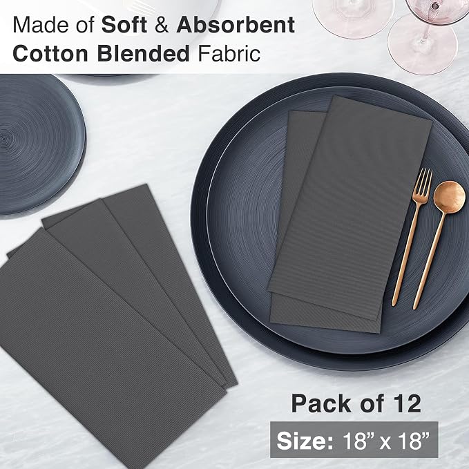 Ruvanti Cloth Napkins Set of 6, 18x18 Inches Napkins Cloth Washable, Soft, Durable, Absorbent, Cotton Blend. Table Dinner Napkins Cloth for Hotel, Lunch, Restaurant, Wedding Parties - Dark Grey - Image 5