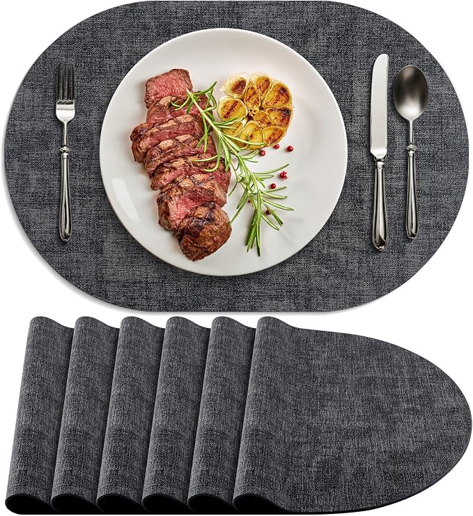 Placemats for Dining Table Set of 6 Non-Slip, Heat Resistant Oval Leather Placemat Double Layer, Waterproof Table Mats Easy to Clean for Kitchen Dining Room Coffee Office Table, Charcoal by Delicateandelegantplacemats