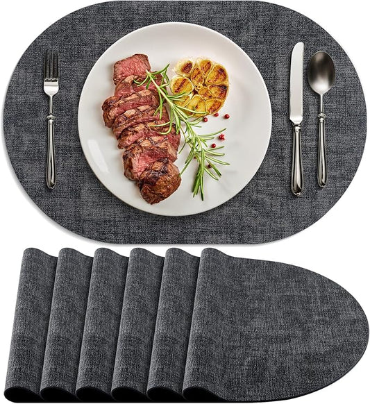 Placemats for Dining Table Set of 6 Non-Slip, Heat Resistant Oval Leather Placemat Double Layer, Waterproof Table Mats Easy to Clean for Kitchen Dining Room Coffee Office Table, Charcoal by Delicateandelegantplacemats