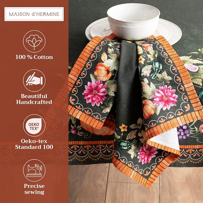 Maison d' Hermine Cloth Napkins Set of 4 Reusable 100% Cotton (20" x 20") | Everyday Square Napkins Cloth Washable Dinner Wedding Restaurant Kitchen Thanksgiving Christmas - Pumpkin Garden - Dark Green - Image 2
