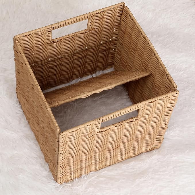10.5 x 10.5 in Plastic Wicker Baskets for Cube Storage, Collapsible Square Wicker Storage Basket Set of 3, Rattan Storage Cube, Square Baskets for Shelves - Khaki - Image 6