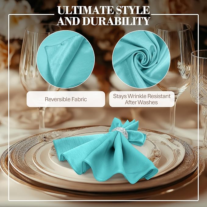 17x17-Inch Shantung Cloth Napkins, Caribbean, Set of 12 | Bulk Case of 1 Dozen, Satin, Square, 100% Polyester Fabric, Reversible, Faux Dupioni Silk Reverse Side, Machine Washable - Image 3