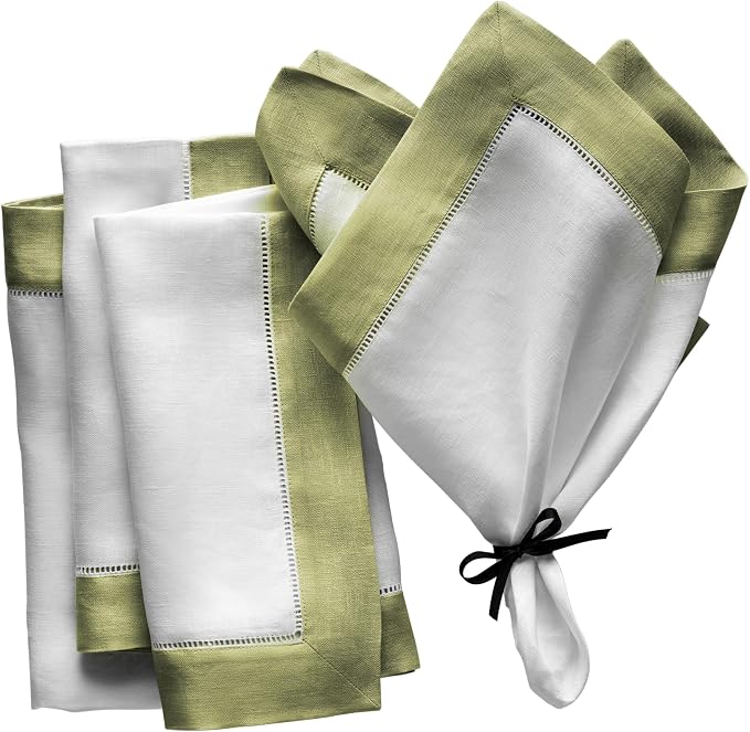 Linen Napkins 20 x 20 inch - 100% Pure Linen White and Olive Green Dinner Napkins Set of 4 - Hemstitch Napkins Cloth Washable for Fall and Thanksgiving Decor by OlucioAuthentiqueHome