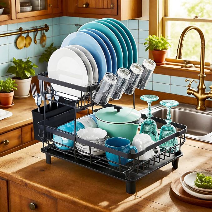 MOUKABAL 2 Tier Dish Drying Rack with Drainboard for Kitchen Counter, Black | 13×17 Large Capacity/Rustproof Stainless Steel/Fast Drainage Dish Drainer/Removable Utensil Holder/Kitchen Counter Organizer - Image 2