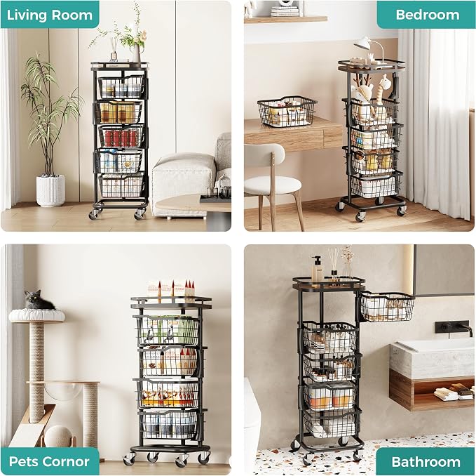 5 Tier Rotating Kitchen Storage Cart, Fruit Vegetable Potato Rack Stand | Patented Swivel Part Spin Smoothly Even Full. Rustproof. One-Piece Wire Bin Prevent Sagging. Keep Onion, Veggie, Spices Fresh - Image 4