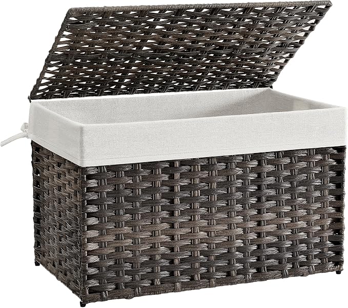 SONGMICS Storage Basket with Lid, Woven Blanket Storage Bin with Handles, Foldable, Removable Liner, Metal Frame, for Bedroom, Laundry Room, 27.7 Gallons (105 L), Brown URST066K01 by Unknown