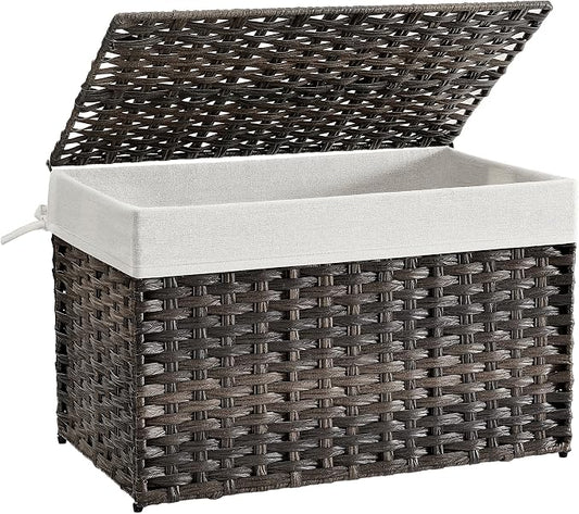 SONGMICS Storage Basket with Lid, Woven Blanket Storage Bin with Handles, Foldable, Removable Liner, Metal Frame, for Bedroom, Laundry Room, 27.7 Gallons (105 L), Brown URST066K01 by Unknown
