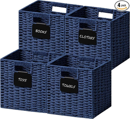 UBBCARE 4 Pack Small Wicker Basket, 9×9 Storage Cubes with Label, Foldable Cube Storage Bin with Handle, Square Storage Basket for Shelves, Woven Paper Rope Basket for Organizing, Navy Blue by UBBCARE