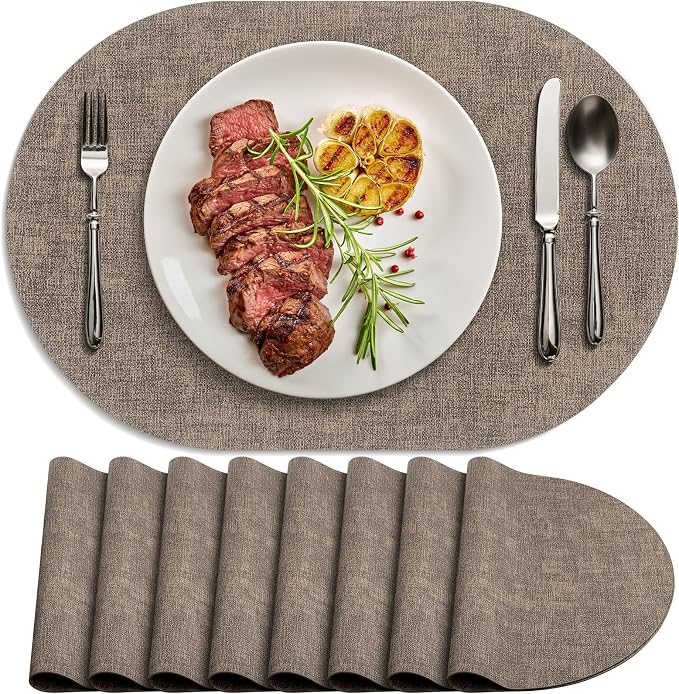Placemats Set of 8 - Washable Heat Resistant Table Placemats - Wipeable Faux Leather Oval Place Mats, Waterproof Table Mats for Dining Table, Dark Brown by Delicateandelegantplacemats