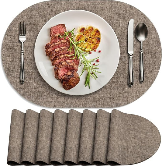 Placemats Set of 8 - Washable Heat Resistant Table Placemats - Wipeable Faux Leather Oval Place Mats, Waterproof Table Mats for Dining Table, Dark Brown by Delicateandelegantplacemats