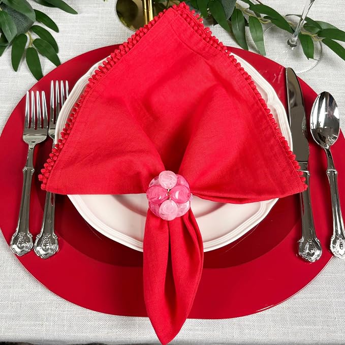 Cotton Napkins with Hand-Knotted Trim, Set of 4 – Lovely Reusable Cloth Napkins for Dining, Weddings, Birthday Gift, Summer, 22 x 22 Inch, Red - Image 2
