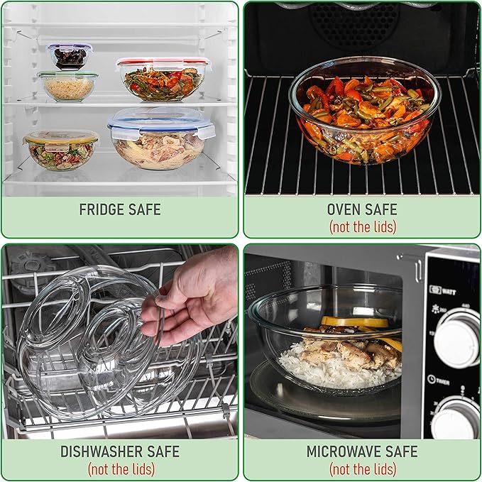 Set of 5 Stackable Space-Saving Nesting Glass Bowls with BPA Free Lids for Foodprep, Storage, Baking, Mixing & Cooking, Microwave Safe - Durable Inert Borosilicate Glass - Image 5