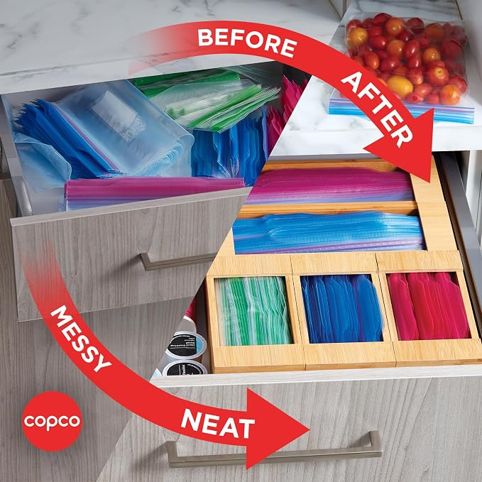 Copco Bamboo Bag Organizer Set of 5 with Labels - Kitchen Drawer Organizer for Gallon, Quart, Sandwich and Snack Size Storage Bags, 3 Small and 2 Large - Image 5