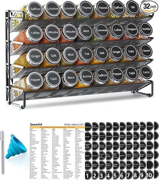 SpaceAid Spice Rack Organizer with 32 Spice Jars, 386 Spice Labels, Chalk Marker and Funnel Set for Cabinet, Countertop, Pantry, Cupboard or Door & Wall Mount - 32 Jars, 15.3" W × 10.8" H, Black by SpaceAid