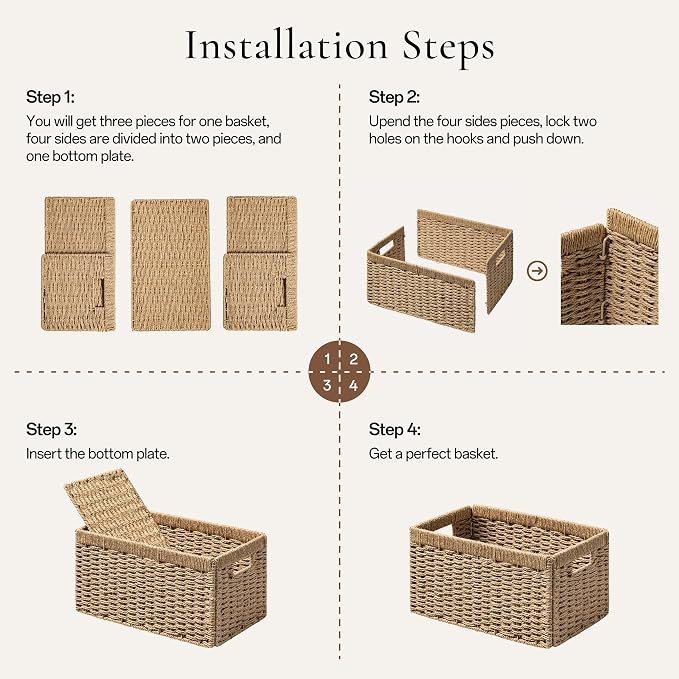 joybest Wicker Baskets for Shelves, Hand-woven Storage Baskets Natural | 13.4L x 8.3W x 7.1H inch for Pantry, Kichen Organizing, Foldable Rectangular Bin with Handles, 4-pack - Image 2