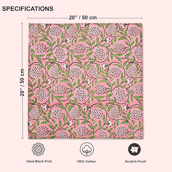 Strawberry Pink Hand Block Print 100% Cotton Napkins 18" x 18" (Set of 4) Reuseable Kitchen Napkins Cloth Decor Dinner Party Wedding Cocktail Gift for Spring, Easter, Summer - Image 8