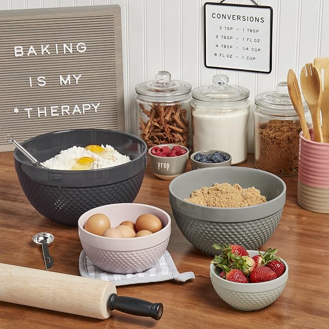 Tabletops Gallery Hobnail Style 4 Piece Timeless Grey Stoneware Nesting Mixing Bowl Set for Baking and Cooking - Image 4