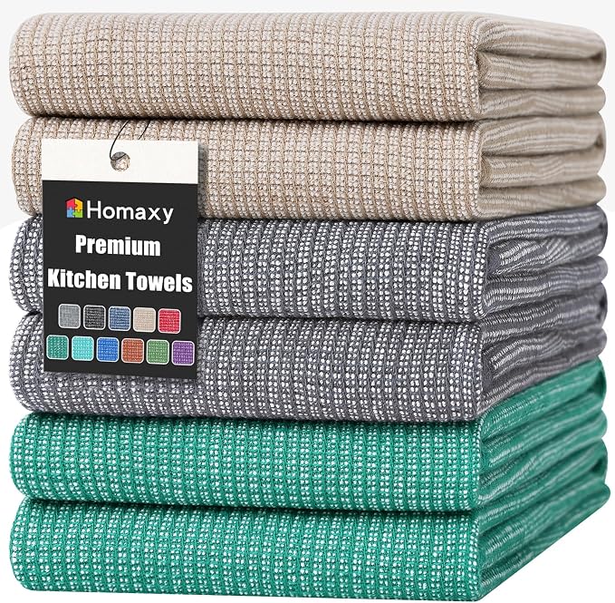 Homaxy 380 GSM Cotton Premium Kitchen Towels 6 Pack, 18"x 28", Mix | Flat and Terry Dish Towels, Highly Absorbent Tea Towel Set with Hanging Loop, Soft Kitchen Hand Towels, Grey/Green/Khaki by Homaxy