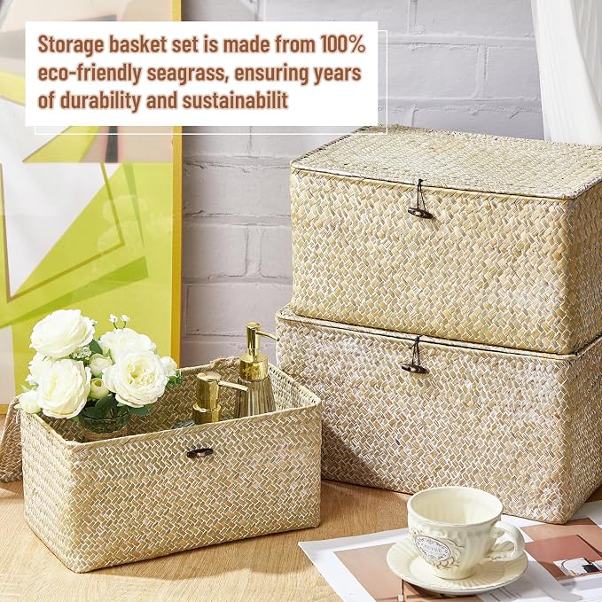 6 Pcs Seagrass Basket with Lid Wicker Storage Decorative Boxes with Lids Bin Woven Organizer for Shelf Closet Bedroom, 6 Sizes(Classic Style,White) - Image 5